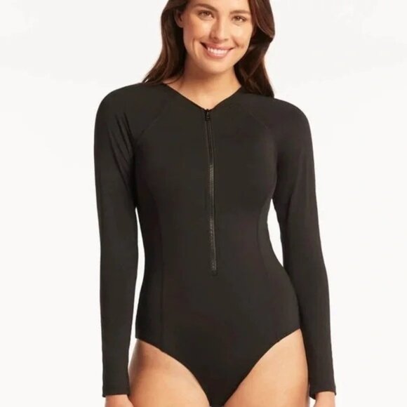 Sea Level Swim Australia 14 Black Long Sleeve Zip Front One Piece Swimsuit - Picture 1 of 16